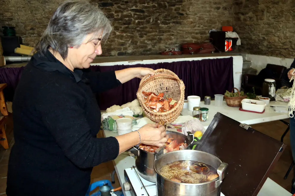 L'artesana Lina Ratia posant pela de ceba a una cassola per fer tint. Imatge del 13 de novembre del 2018. (horitzontal)