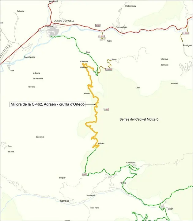 Pl&agrave;nol de les carreteres C-462 entre Adra&eacute;n i la cru&iuml;lla d'Orted&oacute;  que es milloraran. (vertical)