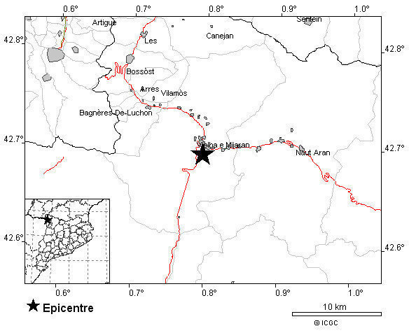 Mapa de l'ICGC on es pot veure amb una estrella l'epicentre del terratrèmol detectat a Vielha e Mijaran, el 29 d'agost de 2019. (Horitzontal)