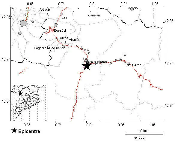 Mapa de l'ICGC on es pot veure amb una estrella l'epicentre del terratr&egrave;mol detectat a Vielha e Mijaran, el 29 d'agost de 2019. (Horitzontal)
