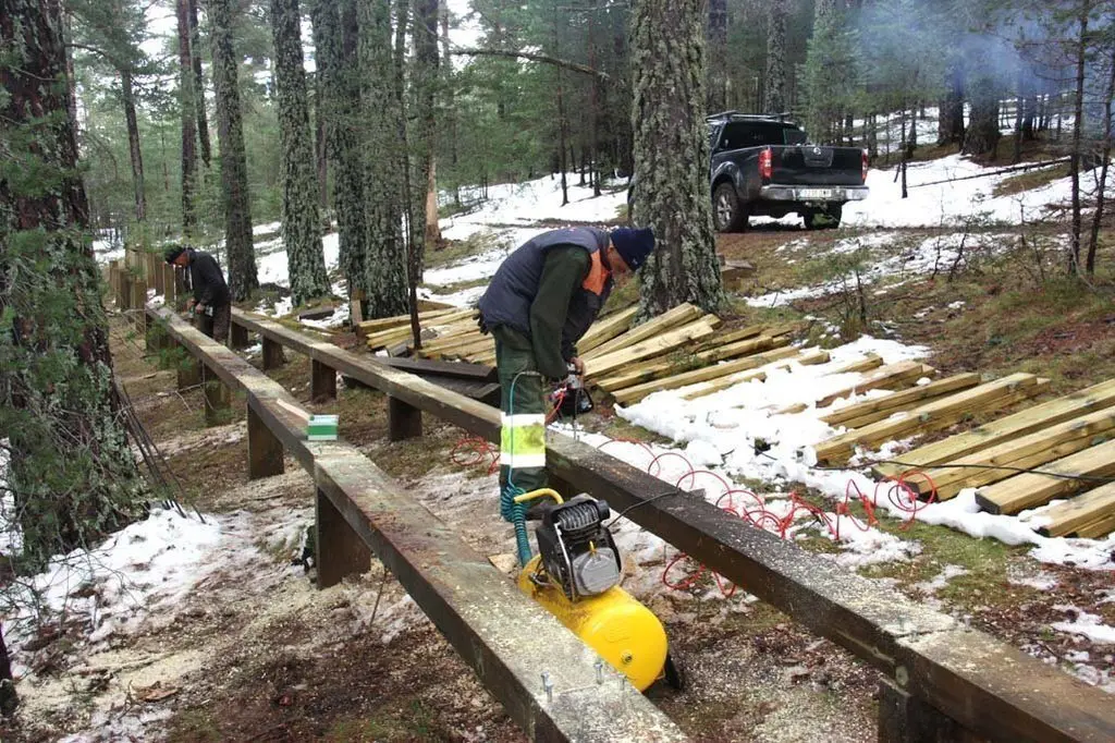 Pla general de dos operaris d'Integra Pirineus duent a terme els treballs de construcci&radic;&ge; d'un nou tram de passera de l'itinerari adaptat de Sant Joan de l'Erm, a Montferrer i Castellb&radic;&le; (Alt Urgell), el 7 de novembre de 2018 (Horitzontal).