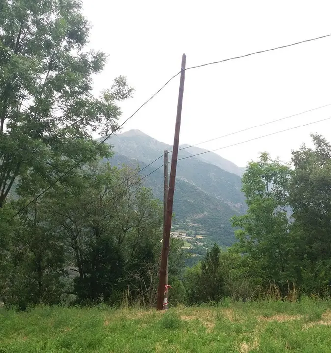 Pla general d'un dels suports de fusta de la l&radic;&ne;nia el&radic;&reg;ctrica que s'ha renovat a la Pobla de Segur on es veu el cable trenat que s'ha instal&not;&sum;lat. Imatge facilitada per Endesa el 3 de gener de 2020 (Vertical).
