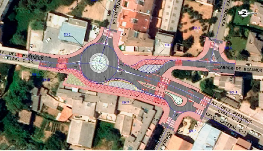 Pl&agrave;nol de la rotonda projectada a la C-13, a Tremp, en una cru&iuml;lla amb diversos carrers del nord del nucli urb&agrave;. (Horitzontal)