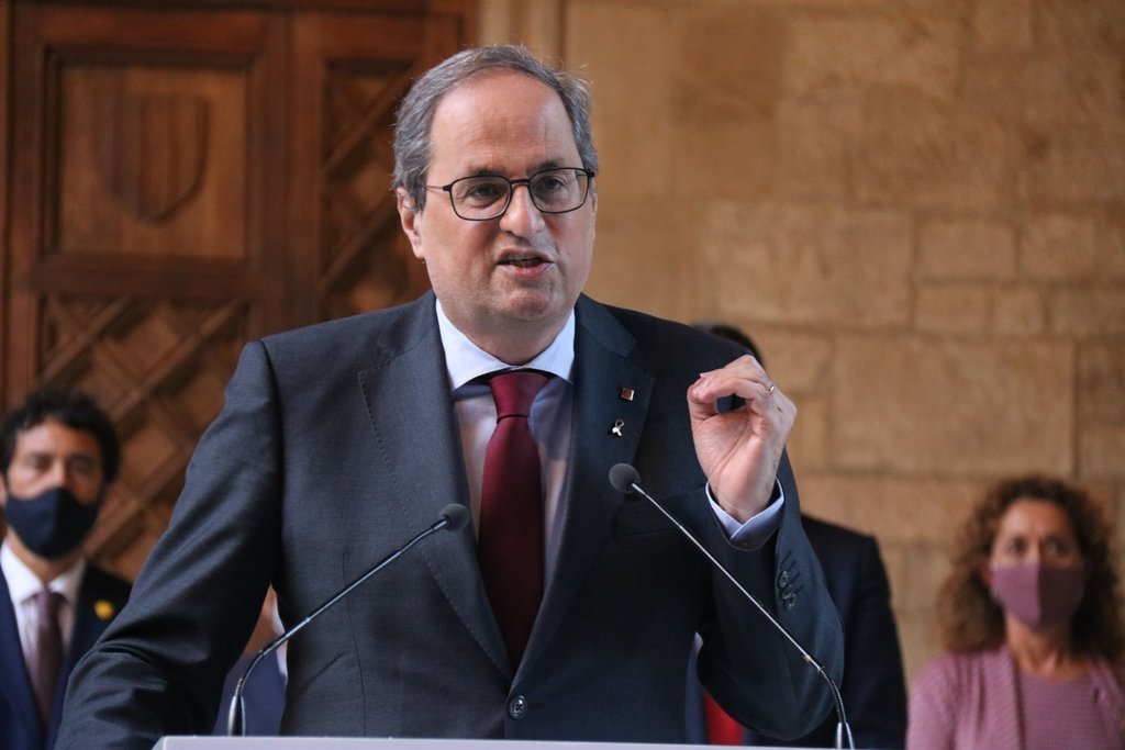 Primer pla del president de la Generalitat inhabilitat, Quim Torra, en la seva declaració a la Galeria Gòtica del Palau, el 28 de setembre del 2020. (Horitzontal)
