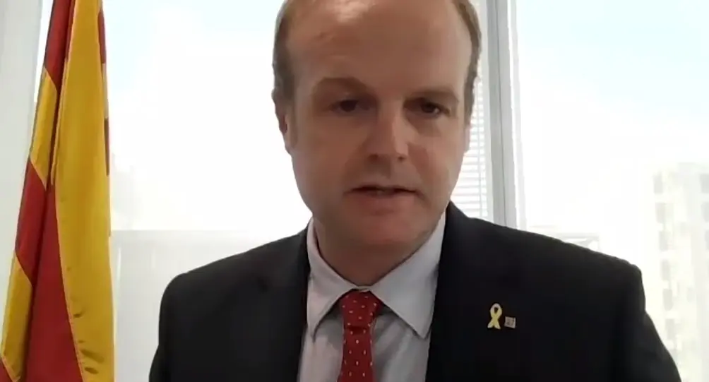 Pla mitj&agrave; del secretari general de la Vicepresid&egrave;ncia i d'Economia i Hisenda, Albert Castellanos, durant l'acte inaugural de la 31a Trobada Empresarial al Pirineu que s'hs fet de forma virtual. Captura de pantalla del 29 d'octubre de 2020 (Horitzontal).