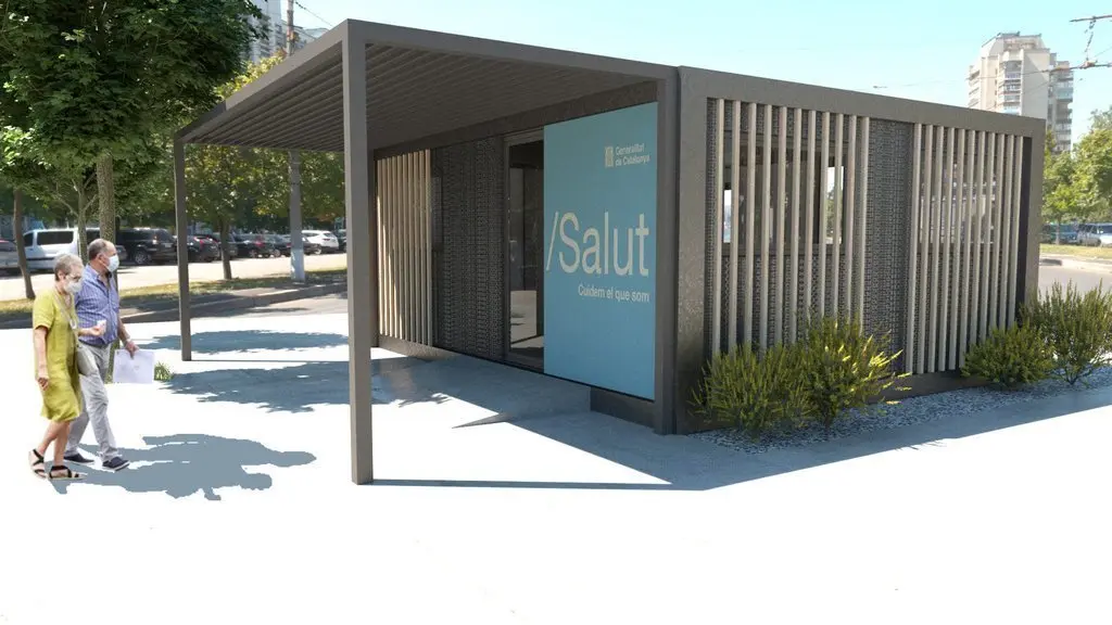Imatge virtual d'un m&ograve;dul annex a un CAP com el centenar que s'instal&middot;laran a Catalunya per donar suport a l'atenci&oacute; prim&agrave;ria en la lluita contra la covid-19 (horitzontal)