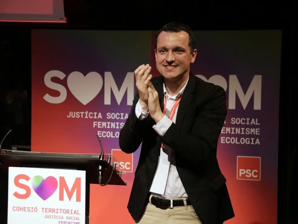Pla mitj&agrave; del reelegit primer secretari del PSC a les comarques de Lleida, Pirineu i Aran, &Ograve;scar Ordeig, durant el Congr&eacute;s territorial del partit, el 7 de mar&ccedil; de 2020. (Horitzontal) 