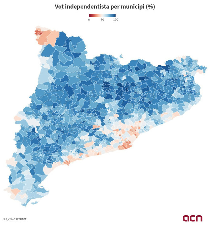 Mapa de Catalunya amb el percentatge de vot independentista per municipi en les eleccions del 14 de febrer del 2021