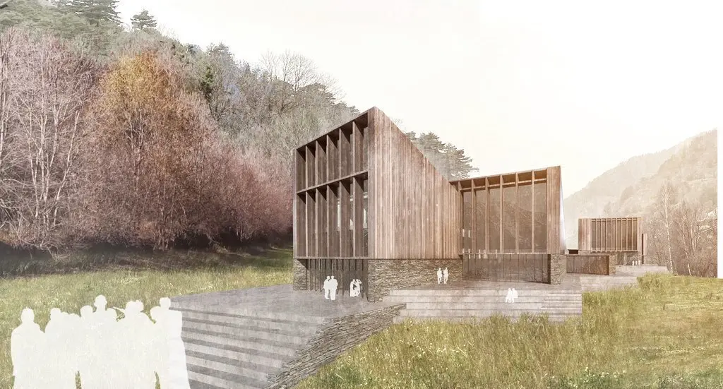 Pla obert on es veu una imatge virtual de l'edifici que es construir&agrave; per acollir un centre de recerca en immunologia a Ordino (Andorra). Imatge del 28 d'abril de 2021 (Horitzontal).