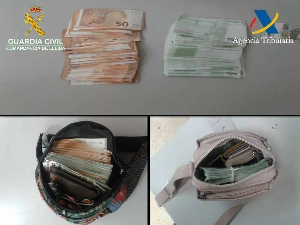 Pla de detall dels diners intervinguts per la Gu&agrave;rdia Civil a la duana de la Farga de Moles, a les Valls de Valira (Alt Urgell). Imatge publicada el 18 de juny de 2021. (Horitzontal)