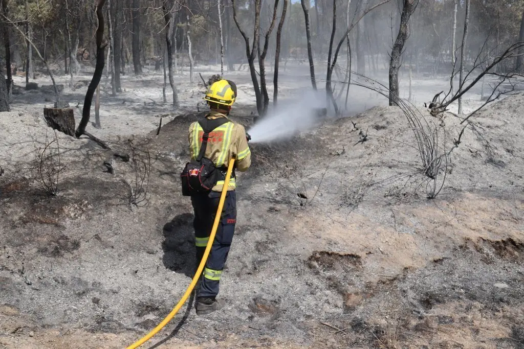 Pla mitj&agrave; d'un bomber remullant una de les zones cremades a l'incendi de Ventall&oacute; aquest diumenge 25 de juliol de 2021. (Horitzontal)