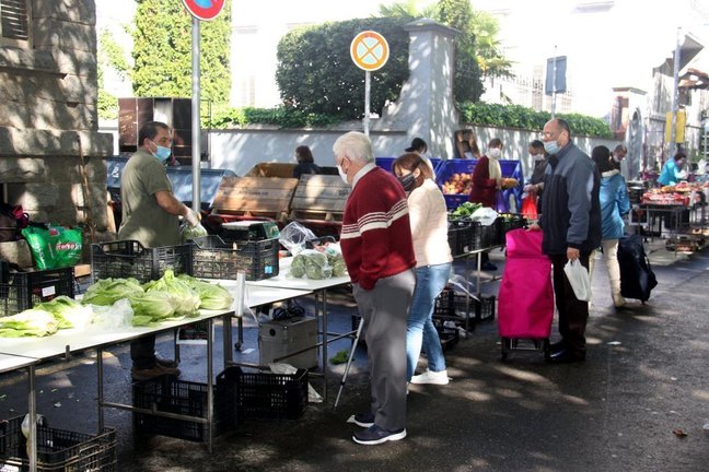 Pla general de diversos compradors equipats amb mascareta al costat d'una parada de fruites i verdures del mercat setmanal de la Seu d'Urgell. Imatge del 28 d'abril de 2020 (Horitzontal).