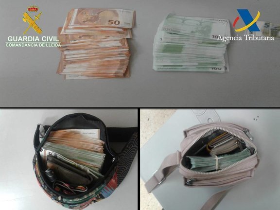 Pla de detall dels diners intervinguts per la Guàrdia Civil a la duana de la Farga de Moles, a les Valls de Valira (Alt Urgell). Imatge publicada el 18 de juny de 2021. (Horitzontal)