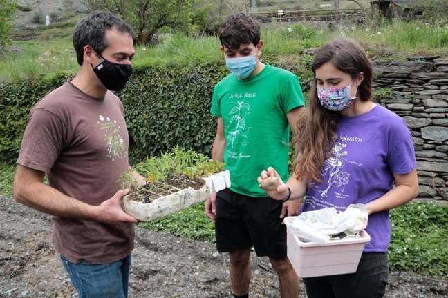 Pla mig de dos representants del col·lectiu Eixarcolant entregant plantes a un voluntari que les plantarà a l'hort. Imatge del 4 de maig del 2021. (horitzontal)