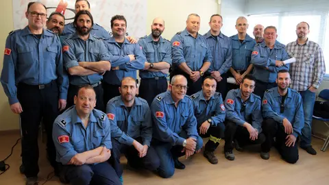 Imatge de caps de parcs de bombers voluntaris de les comarques lleidatanes i d'altres ciutats del pa&radic;&ne;s, a la delegaci&radic;&ge; de Lleida del Col&not;&sum;legi de Periodistes de Catalunya, el 27 de febrer del 2019. (Horitzontal)
