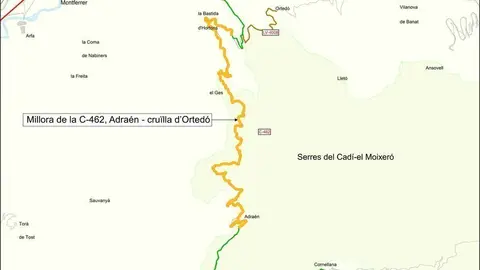 Pl&agrave;nol de les carreteres C-462 entre Adra&eacute;n i la cru&iuml;lla d'Orted&oacute;  que es milloraran. (vertical)
