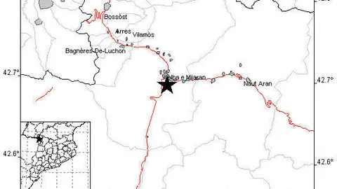 Mapa de l'ICGC on es pot veure amb una estrella l'epicentre del terratr&egrave;mol detectat a Vielha e Mijaran, el 29 d'agost de 2019. (Horitzontal)