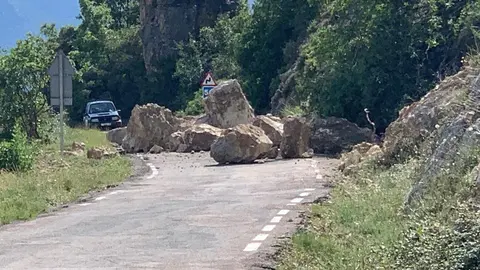 Imatge del Servei Catal&agrave; de Tr&agrave;nsit d'una esllavissada de pedres a la carretera LV-9124 a Castell de Mur (Pallars Juss&agrave;) el 2 de juliol del 2020. Pla general. (Horitzontal)