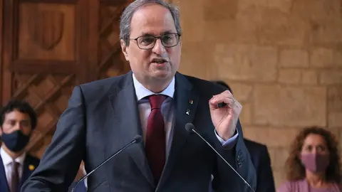 Primer pla del president de la Generalitat inhabilitat, Quim Torra, en la seva declaraci&oacute; a la Galeria G&ograve;tica del Palau, el 28 de setembre del 2020. (Horitzontal)