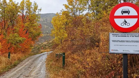Pla general d'una pista d'acc&eacute;s a Santa Magdalena i un r&egrave;tol indicador de la regulaci&oacute; d'acc&eacute;s motoritzat. (horitzontal)