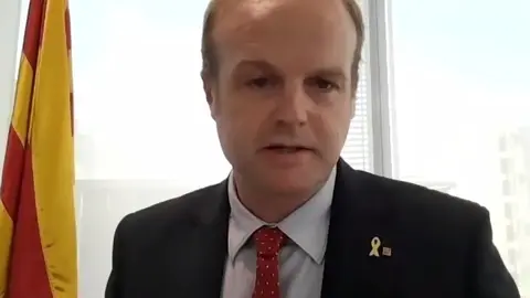 Pla mitj&agrave; del secretari general de la Vicepresid&egrave;ncia i d'Economia i Hisenda, Albert Castellanos, durant l'acte inaugural de la 31a Trobada Empresarial al Pirineu que s'hs fet de forma virtual. Captura de pantalla del 29 d'octubre de 2020 (Horitzontal).