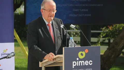 Pla tancat del president de Pimec, Josep Gonz&aacute;lez, durant l'acte celebrat aquest divendres a Barcelona. Imatge del 13 de novembre de 2020. (Horitzontal)
