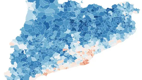 Mapa de Catalunya amb el percentatge de vot independentista per municipi en les eleccions del 14 de febrer del 2021