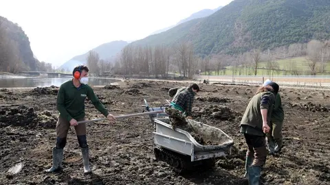 Pla general d'operaris retirant l'elodea del pant&agrave; de la Torrassa el 26 de febrer del 2021. (horitzontal)
