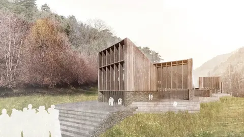 Pla obert on es veu una imatge virtual de l'edifici que es construir&agrave; per acollir un centre de recerca en immunologia a Ordino (Andorra). Imatge del 28 d'abril de 2021 (Horitzontal).