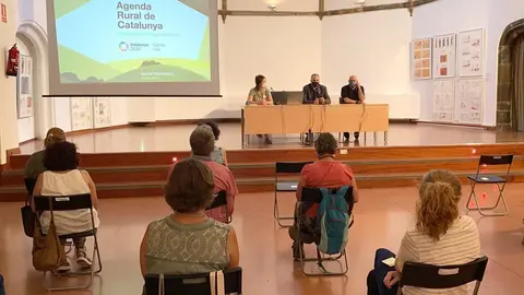 Pla obert de l'alcalde de la Seu d'Urgell, Jordi F&agrave;brega, i un dels membres de la comissi&oacute; redactora de l'Agenda Rural de Catalunya, Llu&iacute;s Corominas, presentant-la en un taller territorial fet a la Seu. Imatge del 12 de juliol de 2021. (Horitzontal).
