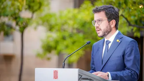 El president de la Generalitat, Pere Aragon&egrave;s, durant la compareixen&ccedil;a en qu&egrave; ha anunciat que vol un toc de queda de 01.00 a 06.00 h en 158 municipis. Imatge del 14 de juliol del 2021. (Horitzontal)