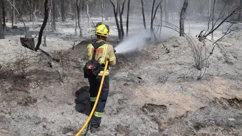Pla mitj&agrave; d'un bomber remullant una de les zones cremades a l'incendi de Ventall&oacute; aquest diumenge 25 de juliol de 2021. (Horitzontal)