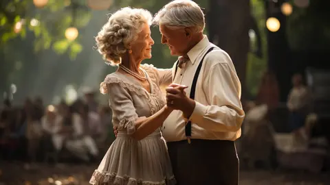 A joyful senior couple embraces in nature, celebrating their love generated by artificial intellingence
