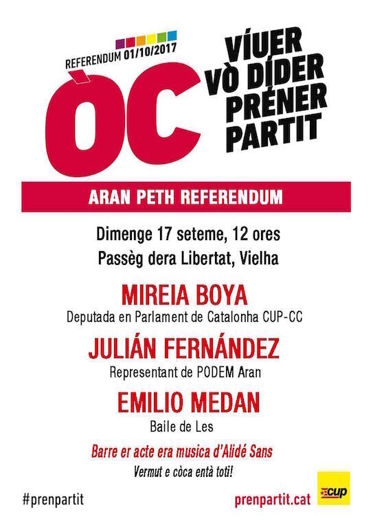 Imatge del cartell que anuncia l'acte que la CUP a organitzat a Vielha per aquest diumenge dia 17. (vertical)