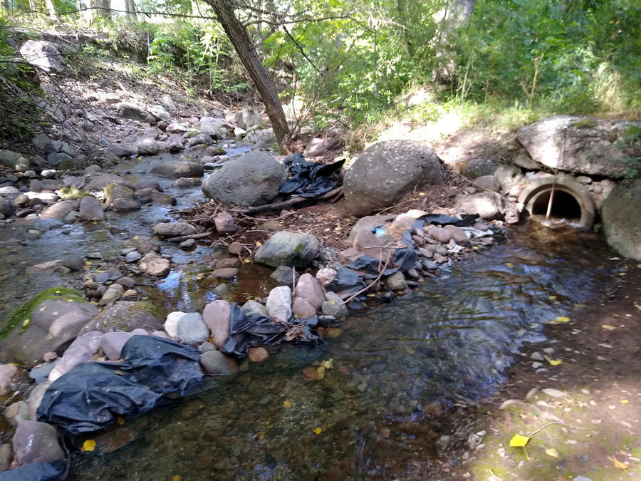 Imatge de la captació amb tub de formigó al marge dret del riu del Cantó. Imatge de finals de setembre del 2019. (horitzontal)