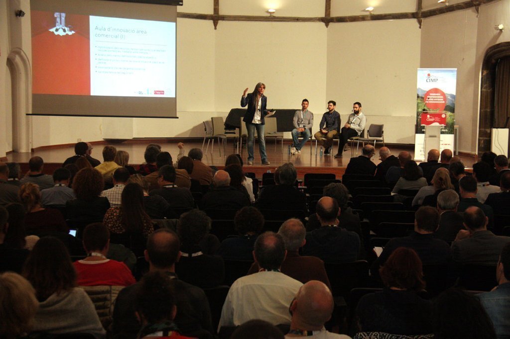 Pla general d'una part dels assistents al Congrés Interpirinenc de Mitjans de Proximitat escoltant una de les ponències a la sala Sant Domènec de la Seu d'Urgell, el 25 d'octubre de 2019 (Horitzontal).