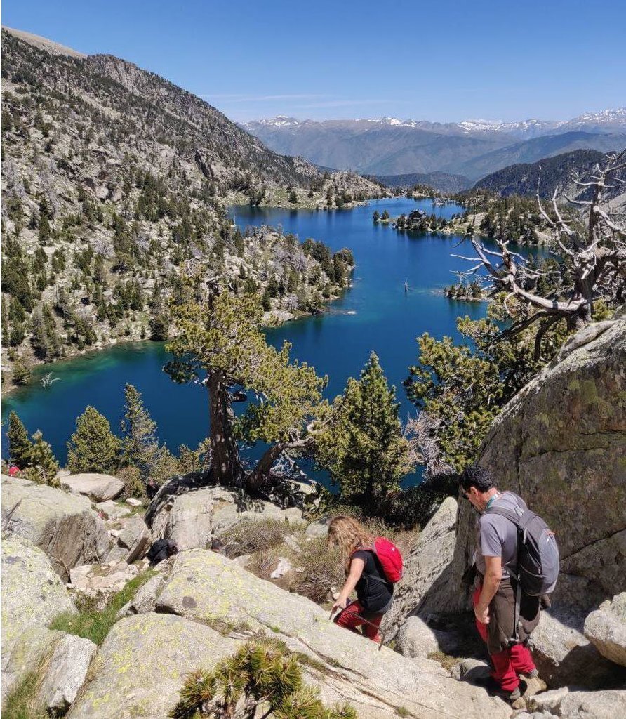 Pla obert on es poden veure excursionistes al Parc Nacional d'Aigüestortes i Estany de Sant Maurici, l'estiu de 2019. (Vertical)