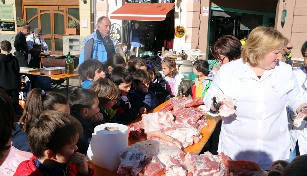 Una carnissera ensenya totes les parts del porc al alumnes de l'escola de Sort el 20 de febrer del 2020 dins de la Festa del Mandongo. (horitzontal)