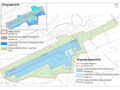 Pla de detall de la comparativa de propostes en relació a l'aeròdrom de la Cerdanya, tant la de l'any 2015 com la del PDUA aprovat definitivament. Imatge facilitada pel Departament de Territori i Sostenibilitat el 25 de febrer de 2020 (Horitzontal).