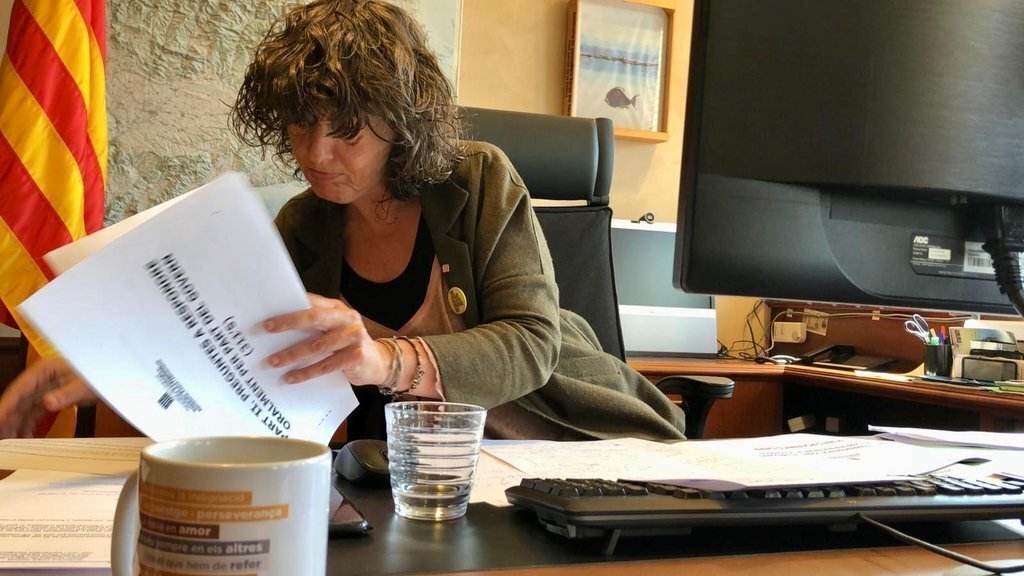 Pla mitjà on es pot veure la consellera d'Agricultura, Teresa Jordà, en un moment de la videconferència de la Comissió d'Agricultura del Parlament per informar sobre la crisi pel covid-19 al sector, el 17 d'abril de 2020. (Horitzontal)