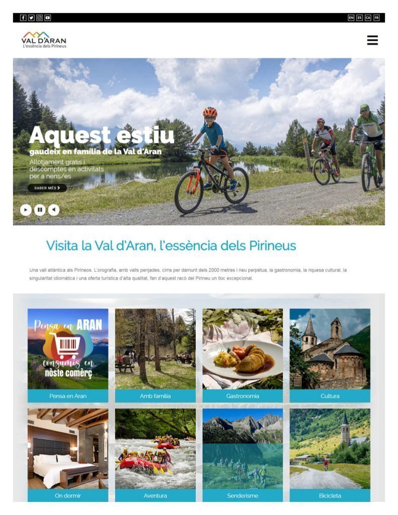 Captura de pantalla de la web de Turisme Val d'Aran que promociona la campanya 'Aquest estiu, gaudeix de la Val d'Aran en família' . Imatge del 15 de maig del 2020. (horitzontal)