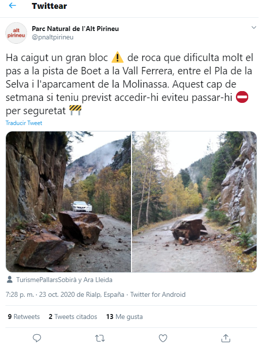 Esllavissada carretera d'Àreu twitter