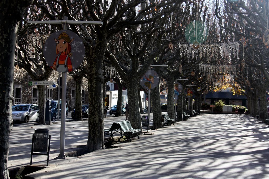 Pla obert del passeig Joan Brudieu de la Seu d'Urgell, un dels punts que s'ha engalanat per acollir diverses activitats del programa nadalenc 'El Món Màgic de les Muntanyes'. Imatge del 30 de novembre de 2020 (Horitzontal).