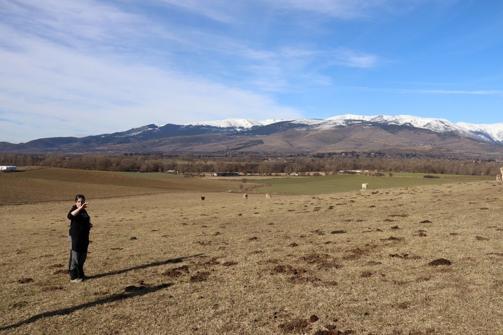 Pla general d'una de les impulsores del projecte de La Trumferia de Cerdanya, Teresa Torner, mostrant la finca de Fontanals de Cerdanya on cultiven les patates i on projecten un espai de tast d'aquest producte, el 2 de febrer de 2021 (Horitzontal).
