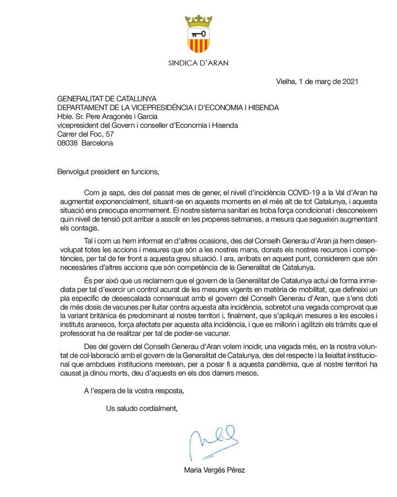 Carta sídica d'Aran al vicepresident Generalitat
