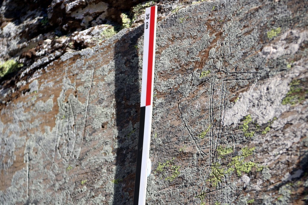 Imatge d'un gravat a la roca de la vall d'Àssua amb un mesurador al costat. Imatge del 3 de gener del 2019. (horitzontal)