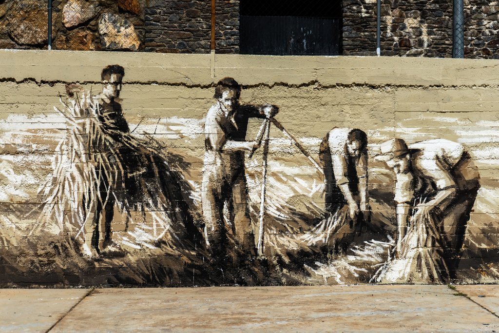 Pla obert d'un mural de l'artista Nil Safont pintat en una paret de la pista poliesportiva de Tavascan, al Pallars Sobirà, amb imatges de les feines del camp de fa un segle. Imatge del 19 de maig de 2021. (Horitzontal).