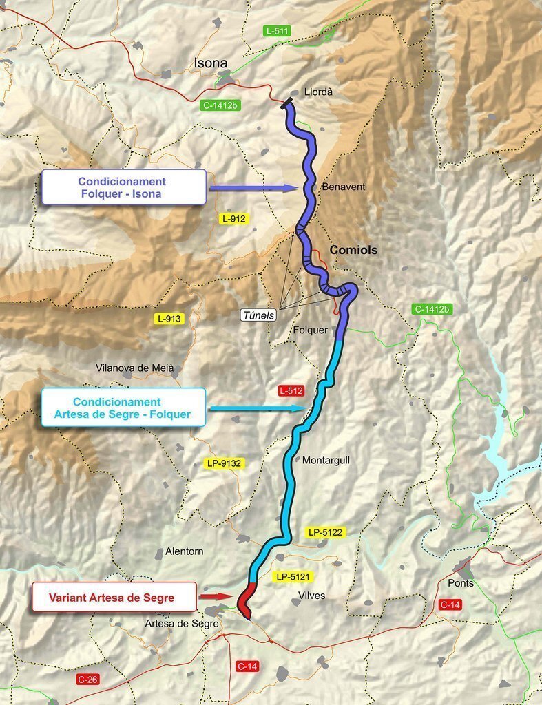 Imatge del traçat del tram entre Artesa de Segre i Folquer de l'eix de Comiols. (Vertical)