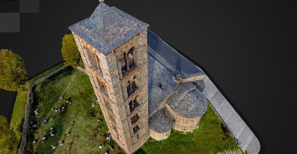 Vista aèria de l'església de Sant Climent de Taüll amb una imatge digitalitzada en 3D amb el programa Giravolt. (Horitzontal)