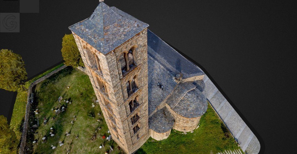 Vista aèria de l'església de Sant Climent de Taüll amb una imatge digitalitzada en 3D amb el programa Giravolt. (Horitzontal)
